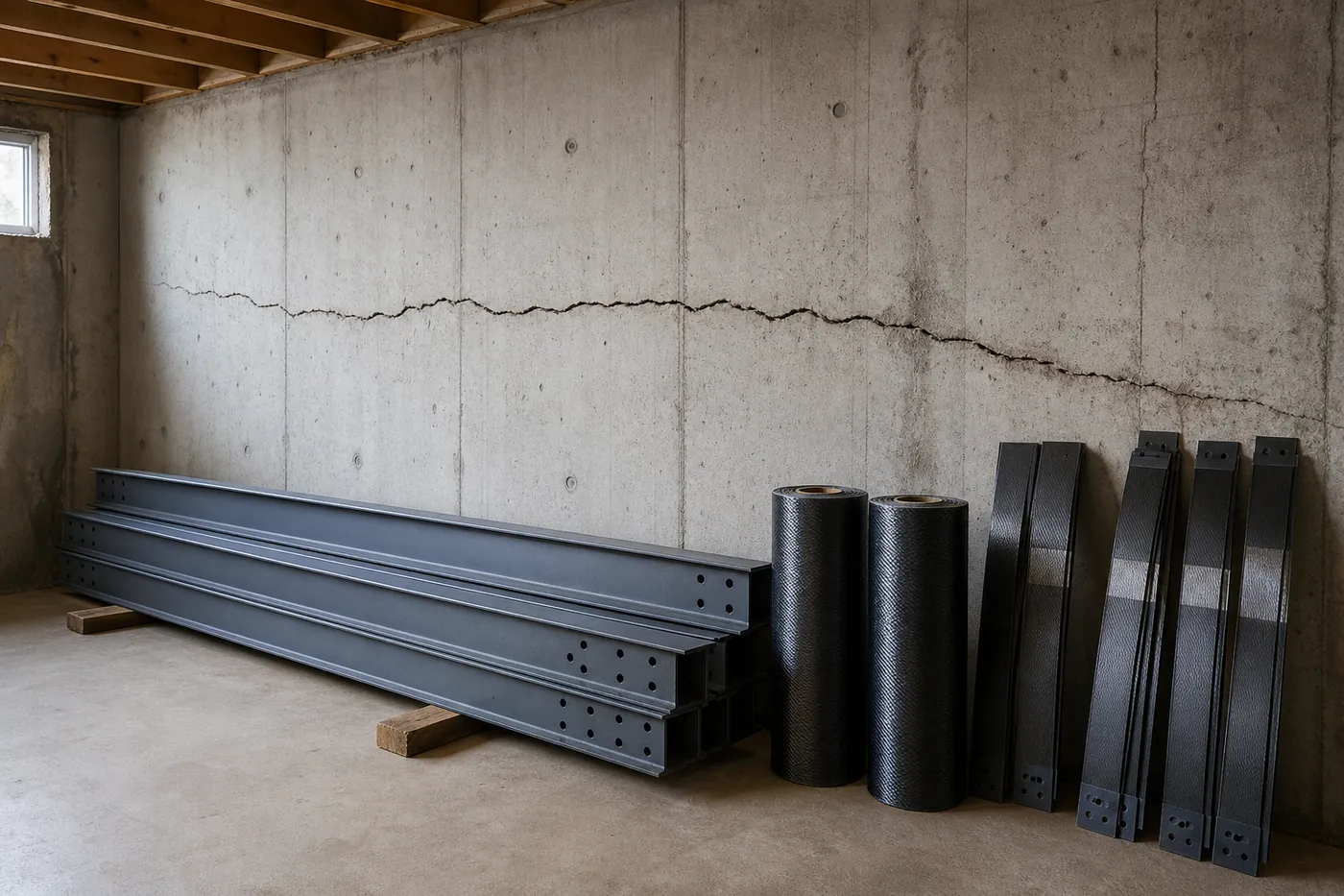 Foundation repair materials by a cracked basement wall: steel I-beams, carbon fiber rolls and carbon fiber strips