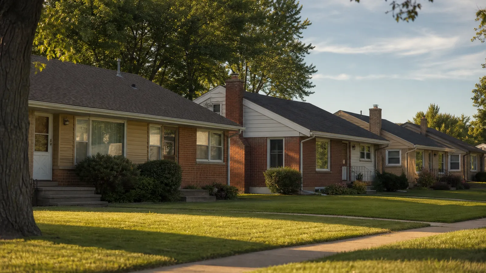 Row of older brick ranch houses on a tree-lined street, the kind of home where foundation repair starts in the basement