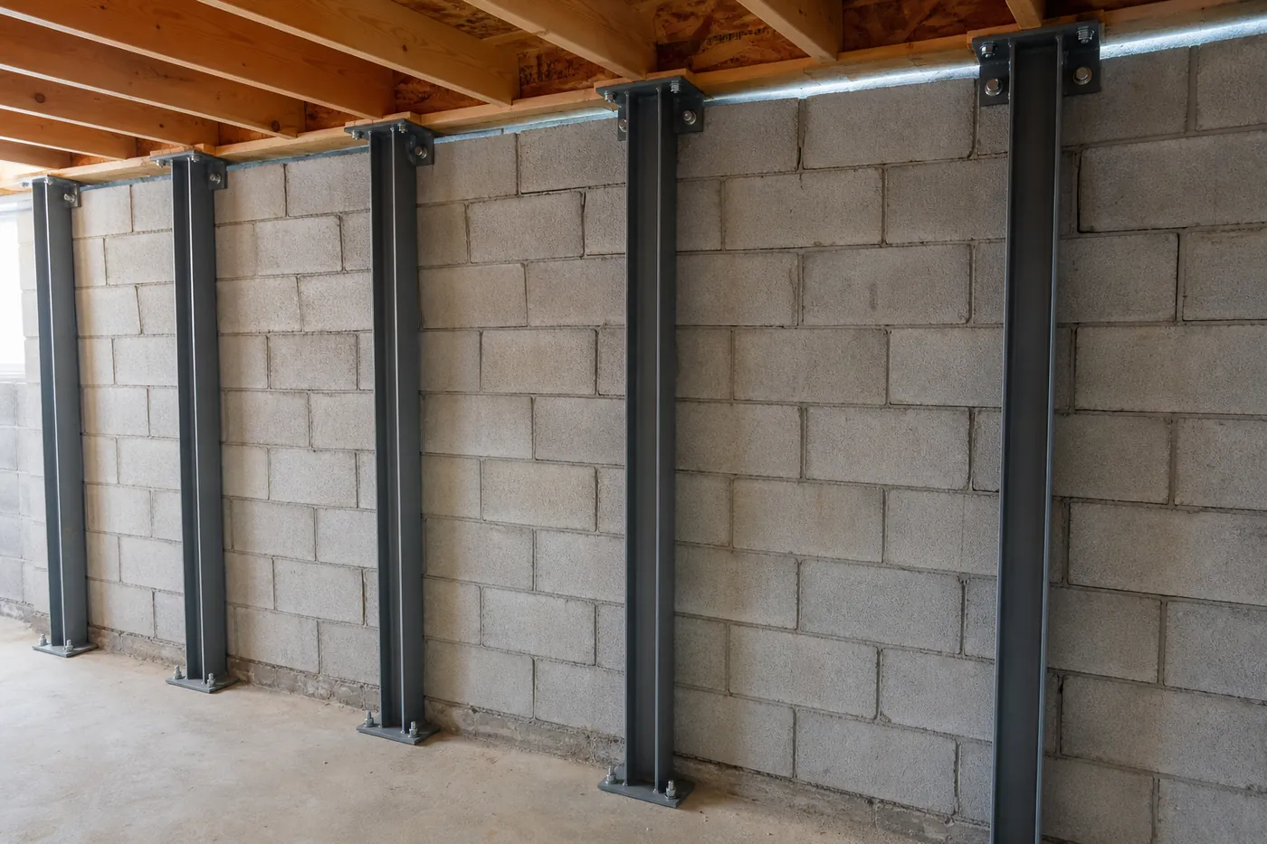 Bowing basement wall repair: steel I-beam braces bolted between the floor and the joists on a concrete block wall